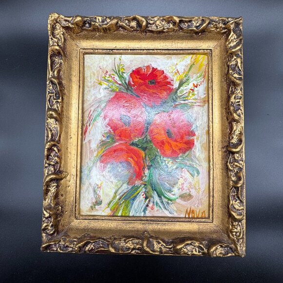 VTG Framed Original Oil Painting on Board Poppies Flowers Signed NOVA 13 x 11 in - Picture 2 of 9